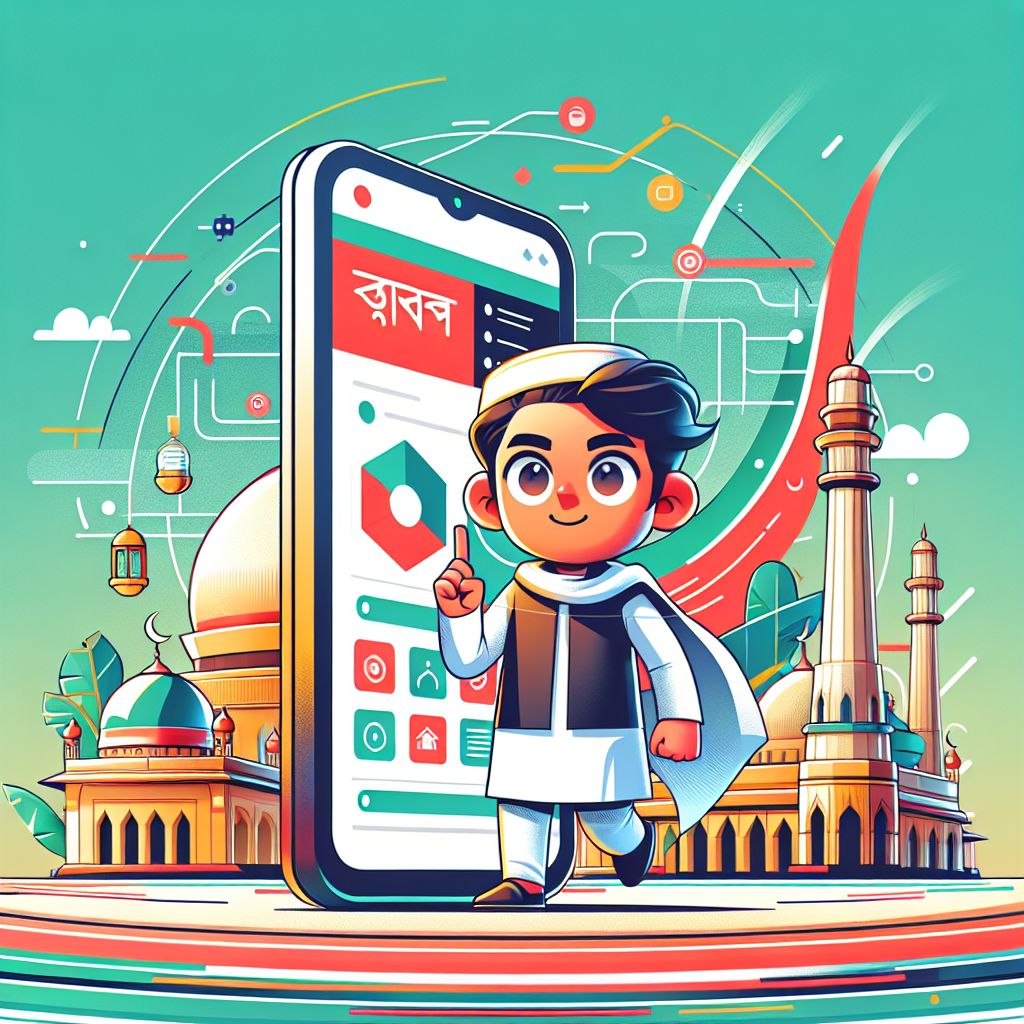 Cartoon gamer holding a phone with a KHELAZONE themed app screen and dynamic motion effects