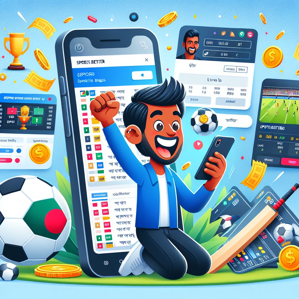 Cartoon sports fan holding a phone with live odds, cricket and football icons, and winning tickets