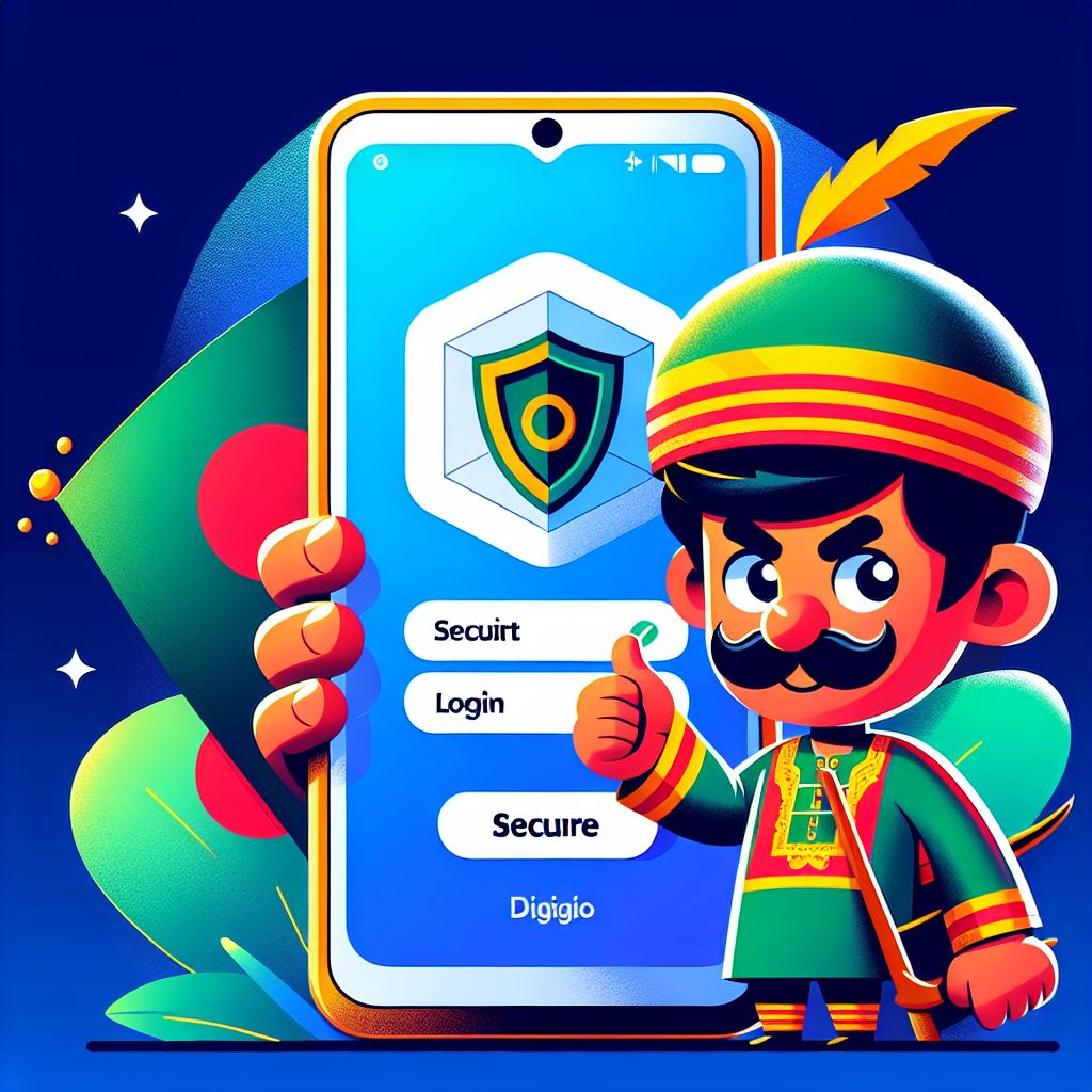 Cartoon character holding a phone with a secure login screen and KHELAZONE branding