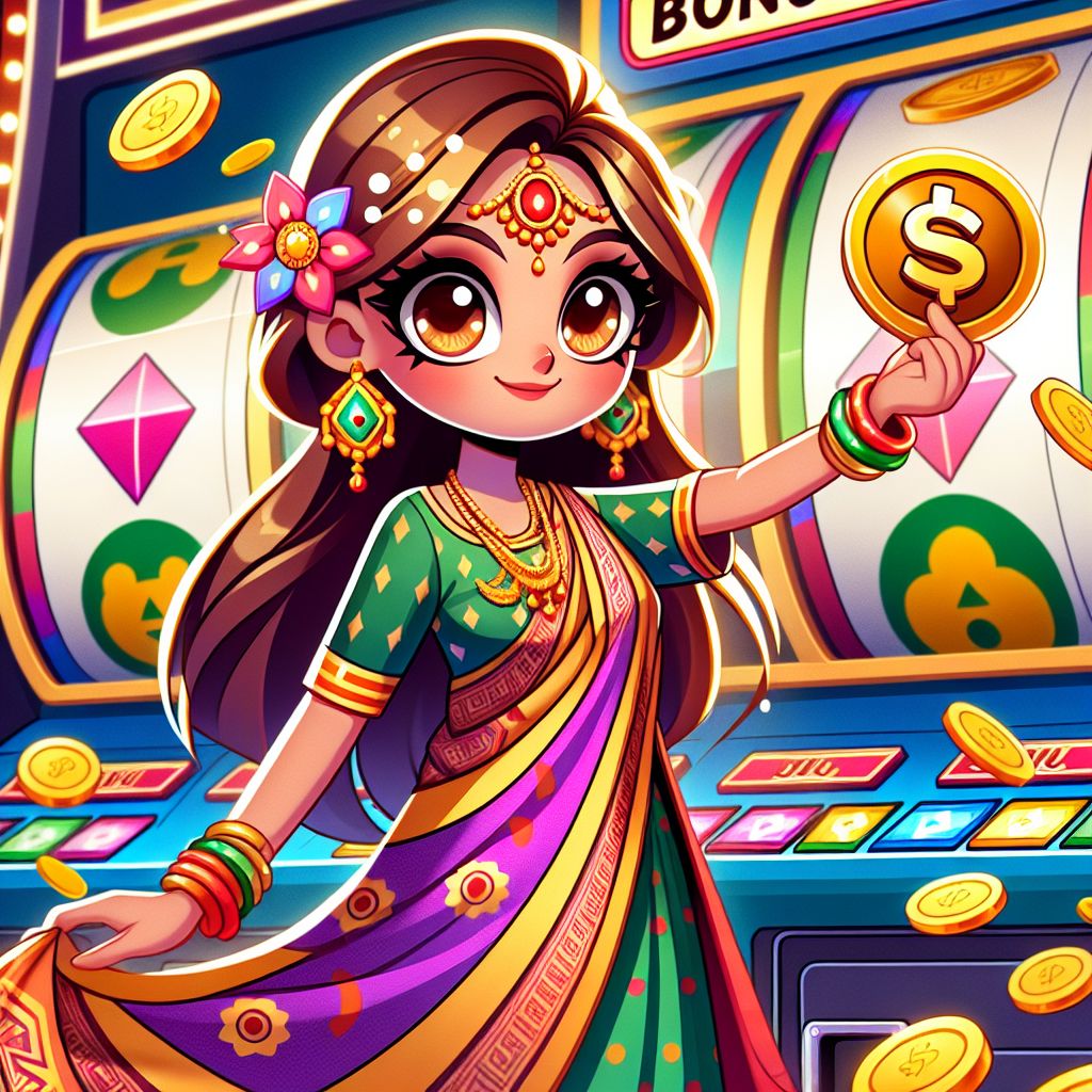 Cartoon slot adventurer with reels, coins, and a glowing bonus symbol